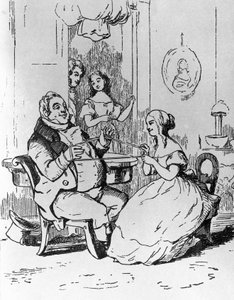 Mr Joseph Sedley verstrikt door Becky Sharp, illustratie voor het 1e hoofdstuk van Vanity Fair, roman door William Makepeace Thackeray (1811-1863), gravure naar tekening door William Makepeace Thackeray (1811-1863), gepubliceerd in Chicago in 1882