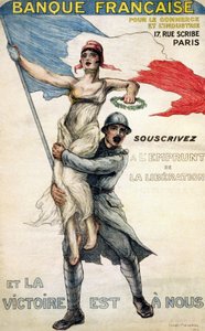 Franse Bank voor Handel en Industrie. Poster voor de nationale lening: "Abonneer op de Bevrijdingslening en de Overwinning is Binnen" - ill. door William Malherbe door William Malherbe