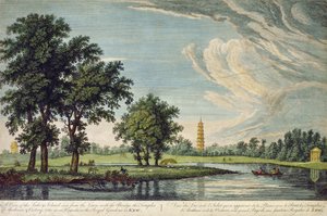 Kew, een uitzicht op het meer en het eiland gezien vanaf het gazon, met de brug, de tempels van Arethusa en Victory en de grote pagode in de Koninklijke Tuinen van Kew door William Marlow