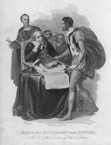 Barclays Woordenboek, woord: Edward, De Graaf Van Warren toont Titels van zijn Landgoederen (gravure)