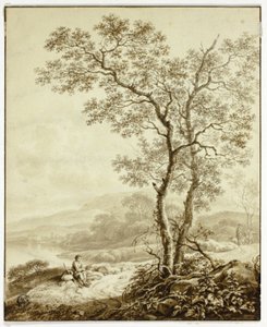 Kronkelende weg langs het meer, met grote boom en rustende reiziger op de voorgrond door William Marshall Craig