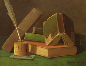 Stilleven met boeken en inktpot