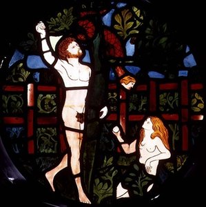 Adam en Eva plukken fruit (detail) door William Morris