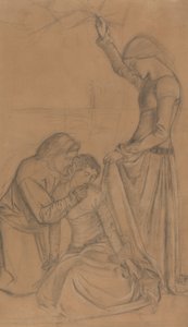Compositie van drie figuren in een tuin door William Morris