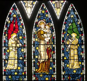 Madonna en Kind met Twee Engelen, bovenste helft van het Engelenraam (detail) door William Morris