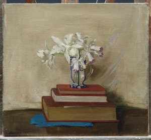 Witte orchideeën op boeken