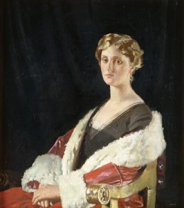 Portret van Nancy Oswald Smith, zittend, half lengte, in een Rode bontjas door William Orpen