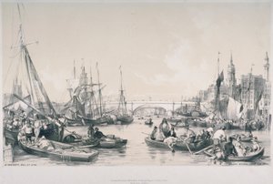 Zicht op de nieuwe London Bridge vanaf de poel van de rivier de Theems door William Parrott
