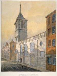 Zuidoostelijk uitzicht op de kerk van St Margaret Lothbury, City of London, 1815