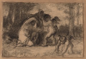 Boslandschap met putti die een vrouw helpen zich uit te kleden