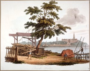 Mannen die hout verplaatsen bij Bankside, Southwark, Londen, ca. 1810 door William Pickett