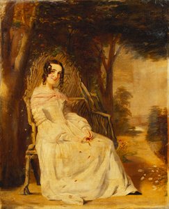 Portret van Mary Freer zittend, klein volledig lengte op een tuinbank door William Powell Frith