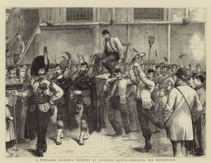 Een bruiloft van een Schotse soldaat in Stirling Castle, het dragen van de bruidegom