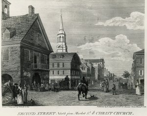 Second Street North vanaf Market Street en Christ Church, Philadelphia, tekening door William Russell Birch (1755-1834), gedrukt door R Campbell, Verenigde Staten van Amerika