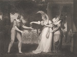 Voor het Paleis van de Hertog-Rosalind, Celia, Orlando, de Hertog, eerst gepubliceerd 1800, heruitgegeven 1852 door William Satchwell Leney