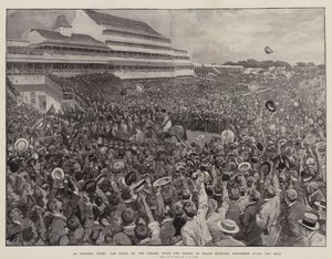 Een historische derby, de scène op de baan toen de Prins van Wales Persimmon ontving na de race door William Small