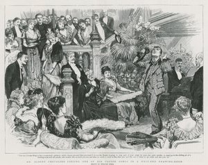 Mr. Albert Chevalier zingt een van zijn coster-liedjes in een salon in West End (gravure) door William Small