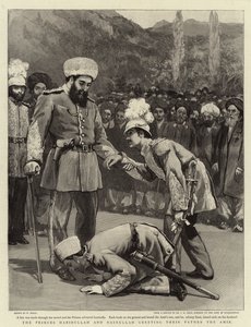 De prinsen Habibullah en Nasrullah begroeten hun vader de Amir door William Small