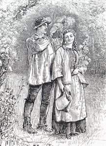 De kroning van de Meikoningin met een krans van meidoorn door haar geliefde. Door William Small, een Engelse illustrator door William Small