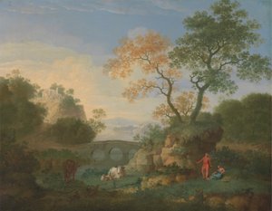 Een Landschap met Verre Klassieke Ruïnes, een Brug, Figuren en Vee door William Smith