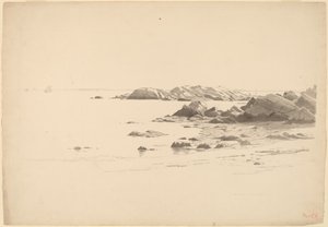 Rotsachtige strand met verre boten