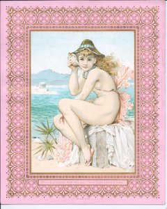 Victoriaanse nieuwjaarskaart van een badende schoonheid op een strand met een schelp aan haar oor, ca. 1881 door William Stephen Coleman