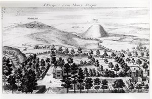 Uitzicht vanaf de toren van Avebury op Silbury Hill, illustratie uit 