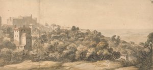 Een Italiaans Landschap: dorp op een heuvel links, heuvelhelling naar rechts, met een verre vallei daarachter door William Taverner