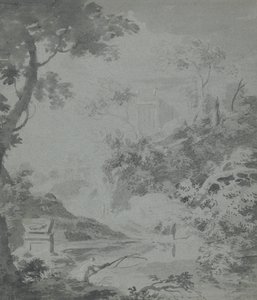 Landschap met een klassiek gebouw in de verte en een man die vist