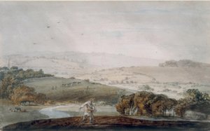 Een boer die zaait, een rivierdal en glooiende heuvels daarachter door Joseph Mallord William Turner