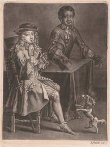 Twee jonge mannen, een speelt een blokfluit, de ander wijst naar een dansende hond door William Vincent