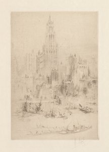 Downtown Manhattan vanaf de East River, met het Woolworth Building door William Walcot