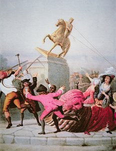 New Yorkse patriotten halen het standbeeld van George III neer op Bowling Green, 9 juli 1776