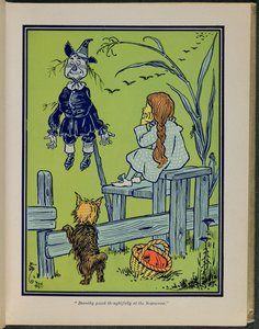 "Dorothy kijkt peinzend naar de vogelverschrikker", Illustratie uit "De wonderbaarlijke tovenaar van Oz" door Lyman Frank Baum door William Wallace Denslow