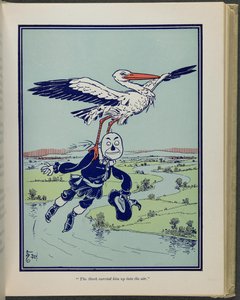 "De ooievaar droeg hem de lucht in", illustratie uit "De wonderbaarlijke tovenaar van Oz" door Lyman Frank Baum