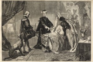 Koningin Mary verlaat Stirling Castle - Marie Stuart (Marie I van Schotland) voor de wieg van haar zoon (Jacques Stuart, Jacques VI en I) door William Ward