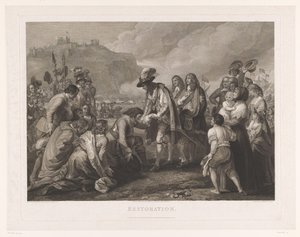 Karel II van Engeland arriveert op het strand bij Dover, 25 mei 1660 door William Woollett