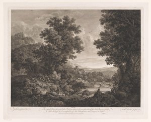 Landschap met figuren rondom een vuur en tekenaar en schalmeispeler aan de oever van een rivier door William Woollett