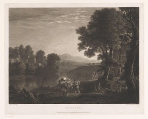 Landschap met herders en vrouw op muilezel aan de oever van een rivier
