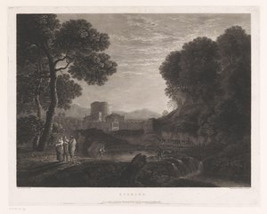 Landschap met poort en toren aan de oever van een rivier