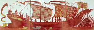 Drie tegels die een schip bij zonsondergang tonen
