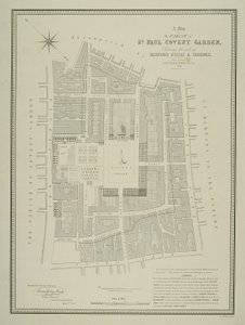 Kaart van de parochie van St. Paul, Covent Garden, met de locatie van Bedford House en gronden, gepubliceerd door W.P. Metchim, 1686 door Willian Leybourn