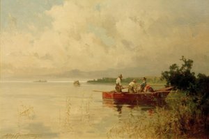 Vissers aan de zomerse Chiemsee-oever