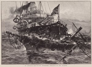 Een Amerikaans oorlogsschip vernietigt wrakken in de Atlantische Oceaan (litho) door Willy Stower