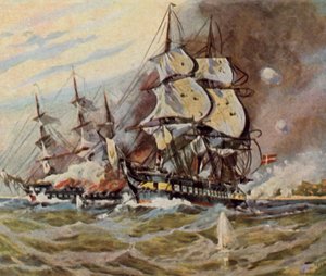 Duitse strandbatterijen bij Eckernförde, 5 april 1849 (vergrote kleurenlitho) door Willy Stower