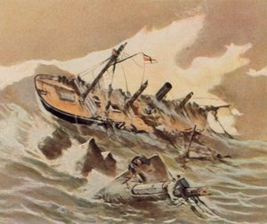 Schipbreuk van de kanonneerboot "Iltis" (kleurenlitho) door Willy Stower