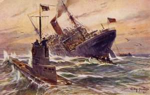 Vernietiging van een Britse koopvaardijstoomboot door een Duitse U-boot, Eerste Wereldoorlog door Willy Stöwer