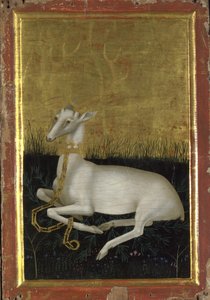 Een witte hert geketend met een kroon om zijn nek Het buitenpaneel van het Wilton-diptiek, tussen 1395 en 1399