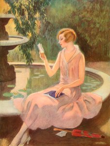Jonge vrouw die een liefdesbrief leest bij een fontein, c.1925 door Wilton Williams