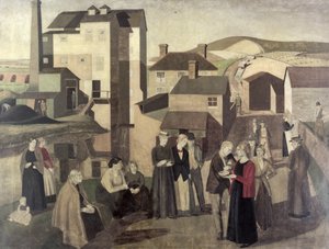Een scène in een dorpsstraat met, molenarbeiders die praten door Winifred Knights